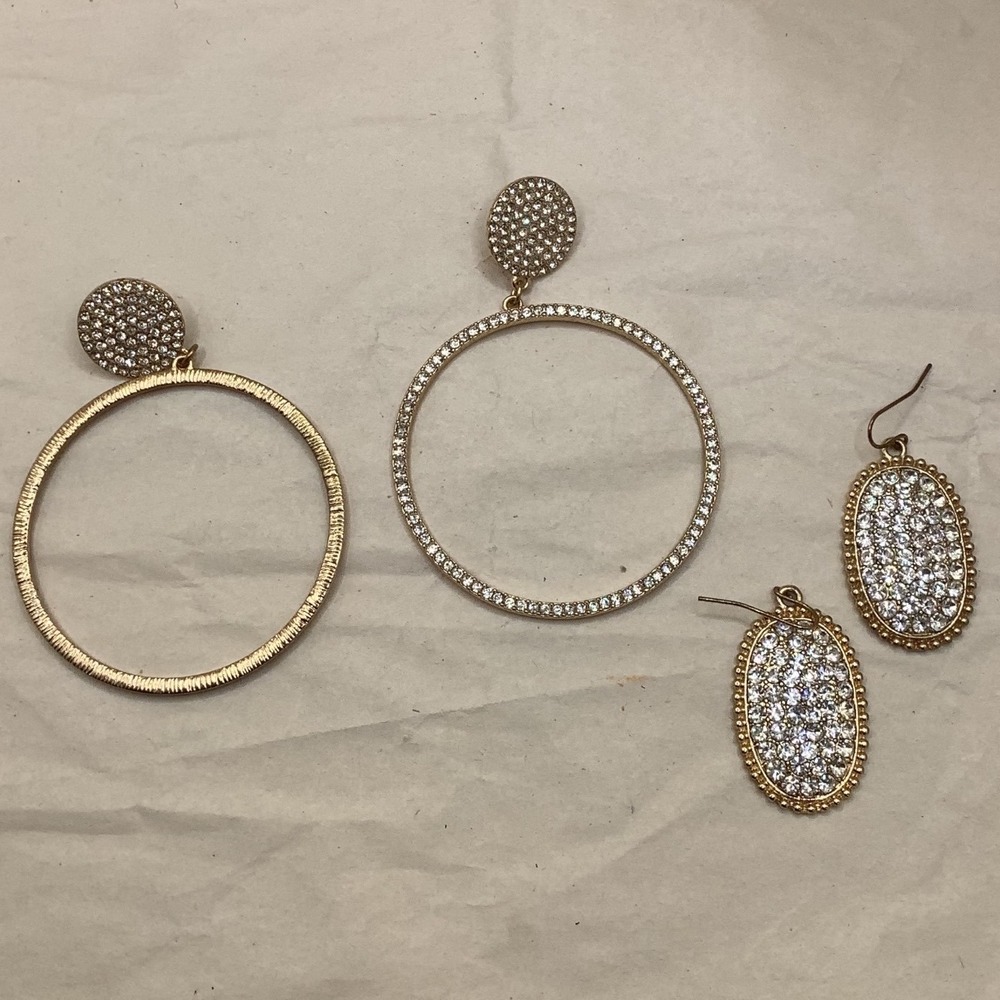 Gold Tone Rhinestone Earring Lot Oversized Hoops and Oval Pave Dangle Earrings